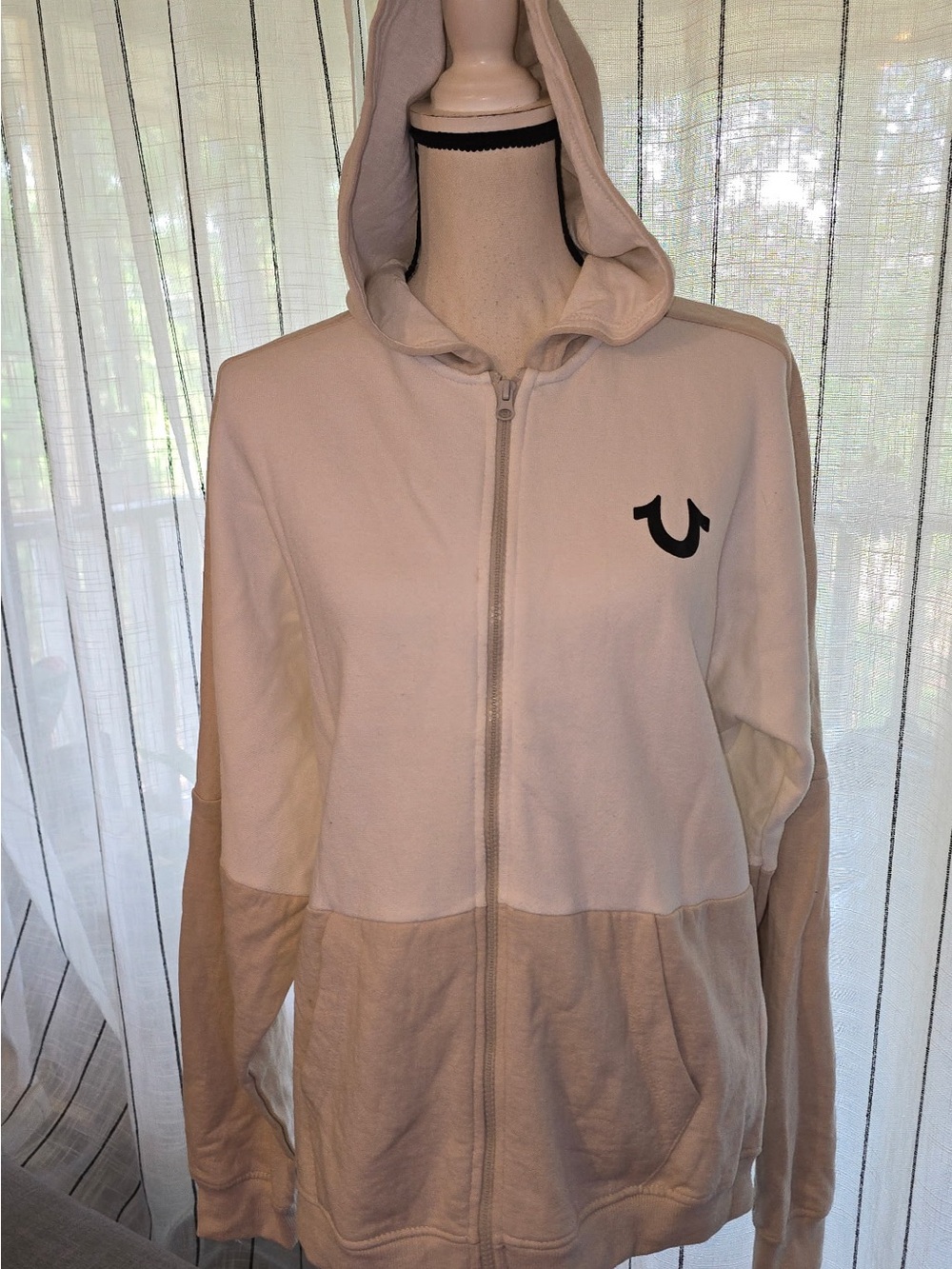 True Religion Two-Tone Cream & Beige Hooded Zip Sweatshirt